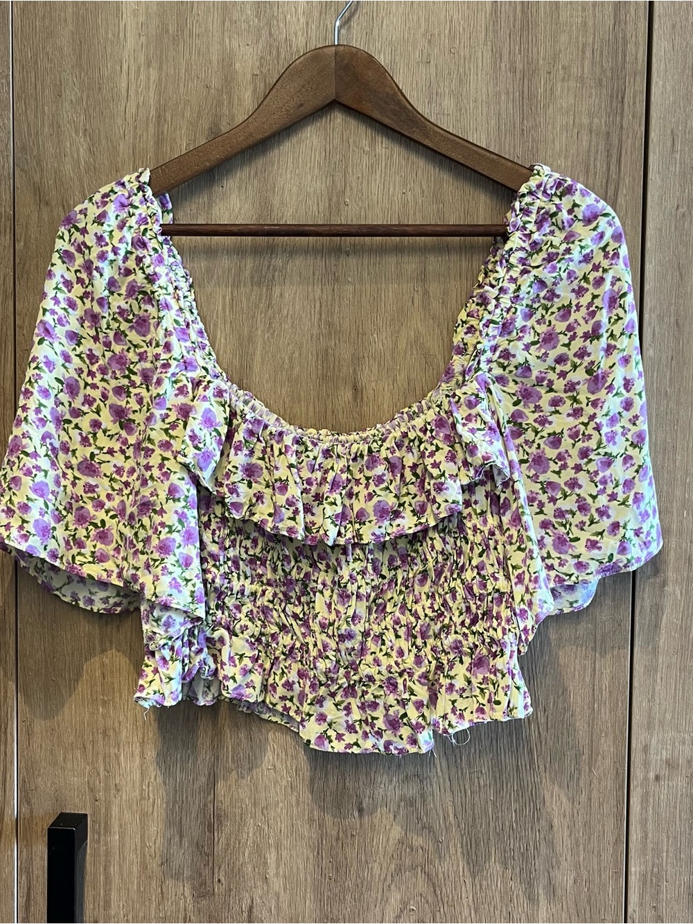 Zara Ditzy Floral Ruffle Smocked Crop Top Purple Yellow Off Shoulder Coquette M